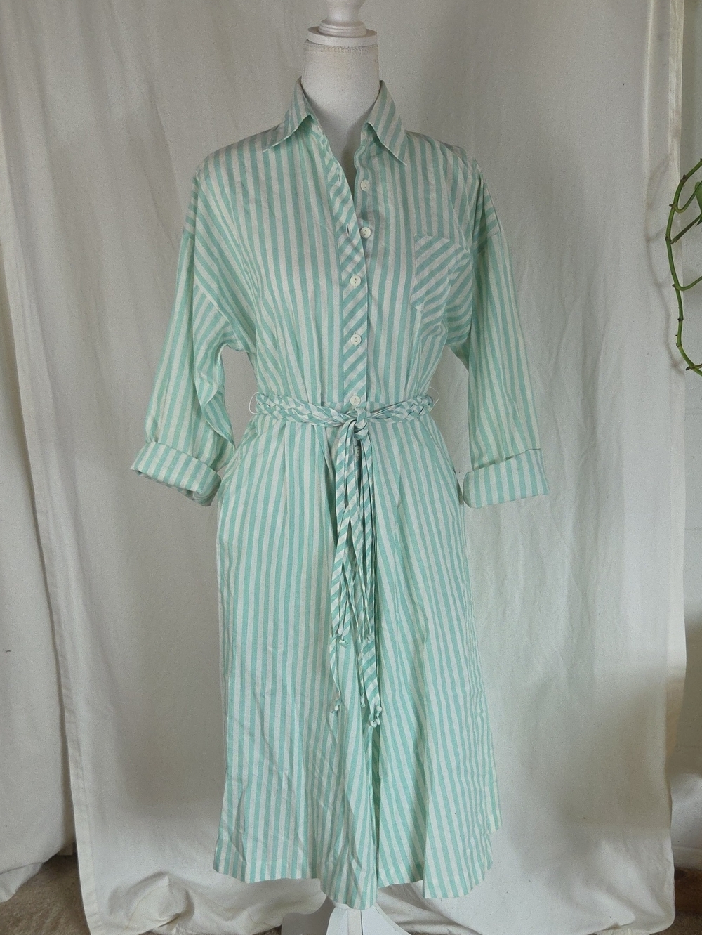 Vintage 70s Collared Striped Midi Shirt Dress with Tie Waist SzS Waist26